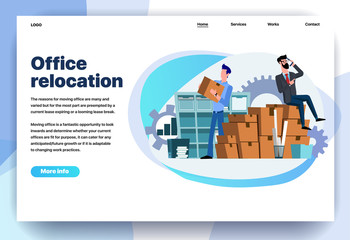 Web page flat design template for office relocation. Business landing page online moving to new office with boxes. Modern vector illustration concept for website and mobile website development