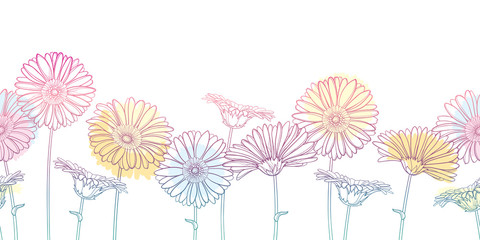 Wall Mural - Horizontal seamless pattern with outline Gerbera or Gerber flower in pastel pink and orange on the white background.