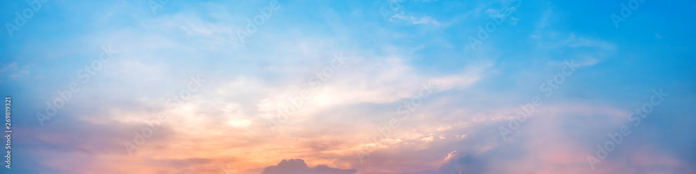 Dramatic panorama sky with cloud on sunrise and sunset time. Panoramic image. - obrazy, fototapety, plakaty 