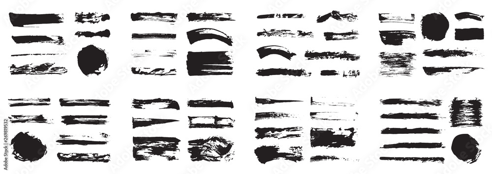 Korean, Chinese, Japanese ink brush strokes, blots, sprinkles, dabs and daubs set. Collection of grungy vector ink elements. - obrazy, fototapety, plakaty 