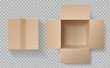 © YummyBuum - Cardboard box top view. Open closed boxes inside and top, brown pack mockup, delivery service realistic empty carton vector template