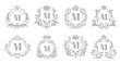 Vintage monogram emblem. Luxury ornate silver logo, heraldic monograms and old king royal crown emblems vector illustration set