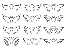 Cartoon Sketch Wing. Hand Drawn Angels Wings Spread, Winged Icon Doodle Vector Illustration Set