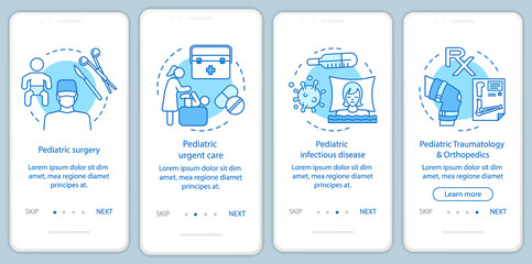 Pediatrics services onboarding mobile app page screen with linear concepts