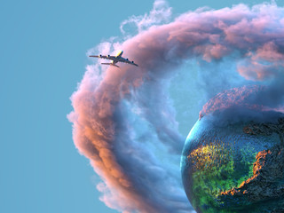 Wall Mural - airplane flies over the small planet