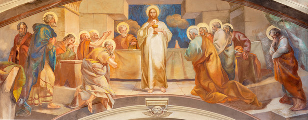 como, italy - may 9, 2015: the fresco of last supper in church chiesa di san andrea apostolo (brunat
