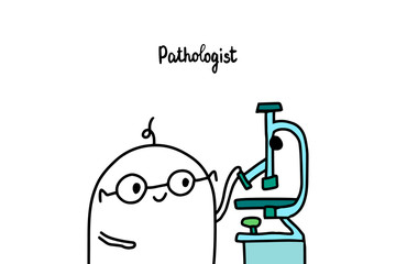 Poster - Pathologist hand drawn vector illustration with cartoon men doctor miscroscope laboratory