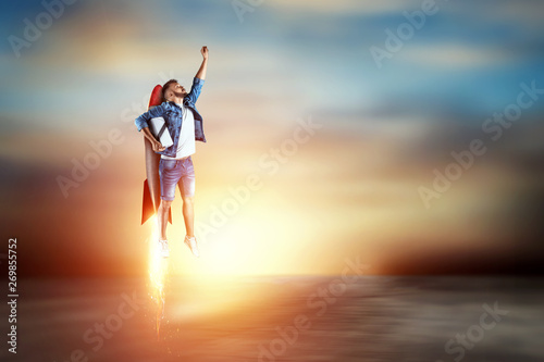 A man flies on a rocket, delivers parcels. Super fast delivery, cool service,...