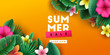 Summer sale background with tropical flowers and palm leaves. Vector illustration