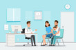 Medical concept with doctor and patients in flat cartoon on hospital hall