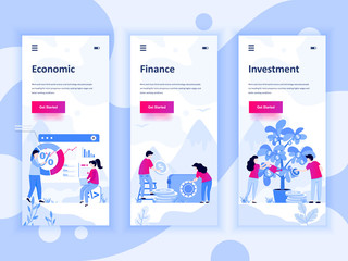 Set of onboarding screens user interface kit for Economics, Finance, Investment, mobile app templates concept. Modern UX, UI screen for mobile or responsive web site. Vector illustration.