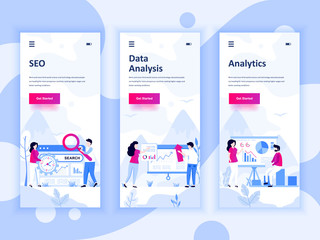 Set of onboarding screens user interface kit for SEO, Data Analysis, Analytics, mobile app templates concept. Modern UX, UI screen for mobile or responsive web site. Vector illustration.