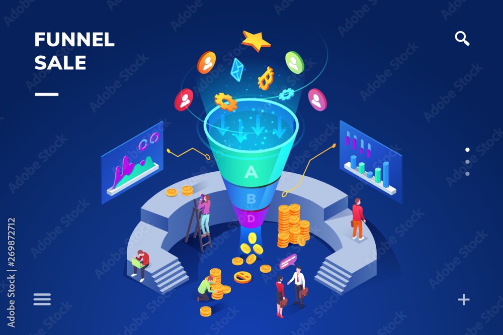Isometric room with cone sale funnel generating sales. Money and coin ...