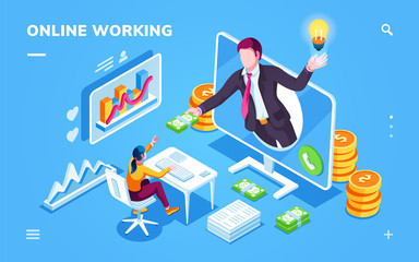 Aufkleber - Isometric office with freelancer taking money or cash from businessman. Online work background for smartphone application with monitor and desk, graph. Outsource internet worker, programmer. Workplace