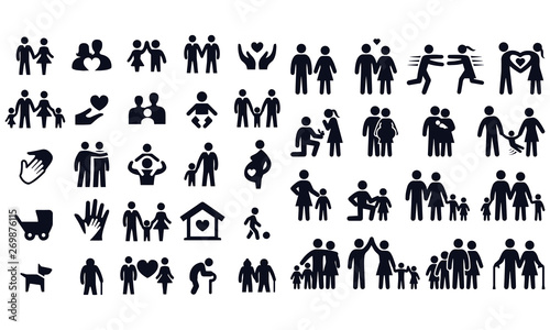 Cuadros en Lienzo Love and family life black & white icon set
