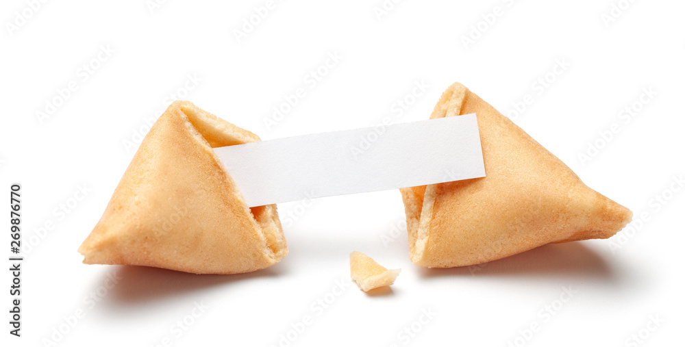 Chinese fortune cookies. Cookies with empty blank inside for prediction words. Isolated on white background. - obrazy, fototapety, plakaty 