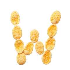 Poster - Yellow cornflakes letter W isolated on white background. Alphabet cereal flakes.