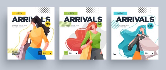 Urban shopping girls banners set. Fashion girls with shopping bags. Vector