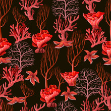 Seamless Pattern With Sea Inhabitans And Herb.