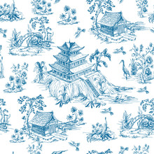 Seamless Pattern In Chinoiserie Style For Fabric Or Interior Design.