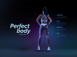 Young, beautiful, sexy girl athlete on a dark background with skill diagrams. Fitness training, active lifestyle, sports. Beautiful sexy body. Vector realistic illustration