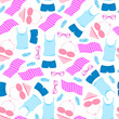 © LiluArt - Women's t-shirt, swimsuit, sunglasses, slippers, towel. Beach accessories. Summer seamless pattern. Used for design surfaces, fabrics, textiles, packaging paper, wallpaper