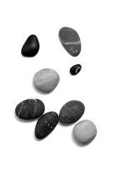 Wall Mural - Scattered sea pebbles. Smooth gray and black stones isolated on white background. Top view