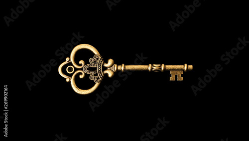 Cuadros en Lienzo Old bronze key on a black background
