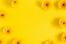 Flowers Composition. Yellow Gerbera Flowers On Yellow Background. Flat Lay, Top View, Copy Space