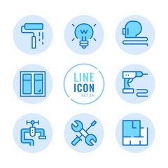 Poster - Home improvement vector line icons set. Home renovation, floor plan, drill, repair outline symbols. Modern simple stroke graphic elements. Round icons