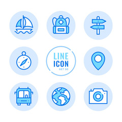 Poster - Tourism vector line icons set. Map label, camera, navigation, backpack, vacation outline symbols. Modern simple stroke graphic elements. Round icons