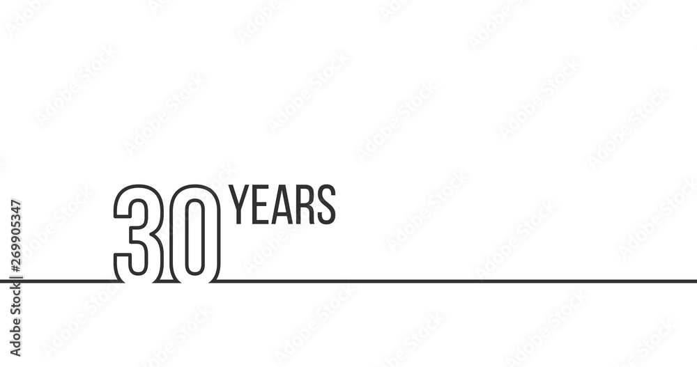30 years anniversary or birthday. Linear outline graphics. Can be used for printing materials, brouchures, covers, reports. Vector illustration isolated on white background. - obrazy, fototapety, plakaty 