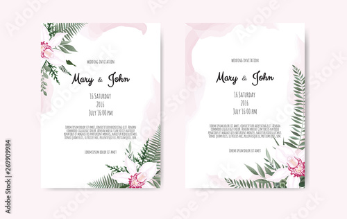 Botanical wedding invitation card template design, white and pink flowers on ...