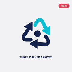 two color three curved arrows vector icon from arrows concept. isolated blue three curved arrows vec