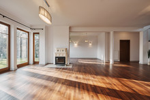 Empty Interior Of Spacious Living Room Interior With Big Windows Retro Fireplace And Wooden Floor