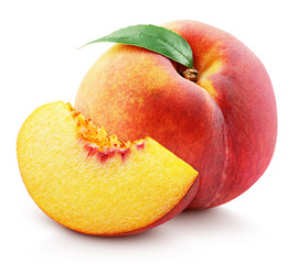 ripe whole peach fruit with green leaf and slice isolated on white background with clipping path. fu