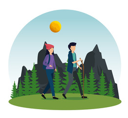 Wall Mural - woman and man walking with sun and backpack