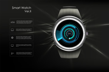 Poster - Vector realistic illustration of smart watch, technology functions and template text. Smart watch vector illustration.