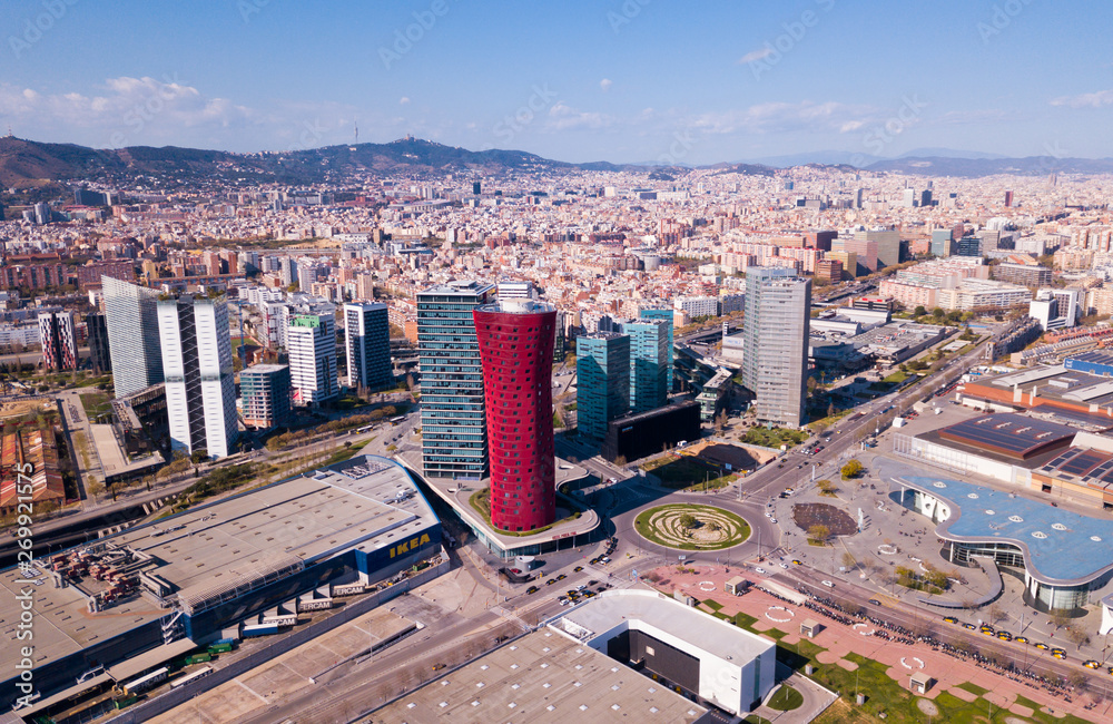 Aerial view of Gran Via, Plaza de Europa, convention center of Fira de Barcelona - obrazy, fototapety, plakaty 