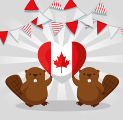 Sticker - beavers with heart canada flag and party banner