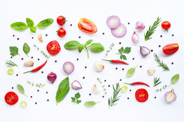 Various fresh vegetables and herbs on white background. Healthy eating concept