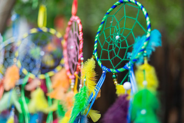 Colorful dreamcatcher on green summer tree in park. Nature, color concept