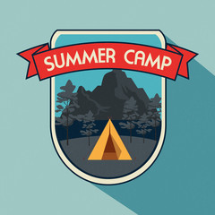 Sticker - label of camp with nature trees and mountains