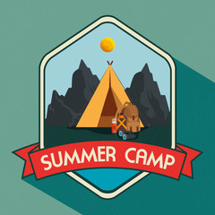 Sticker - label of nature mountains landscape with camp and ribbon