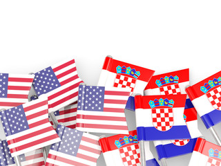 Wall Mural - Pins with flags of United States and croatia isolated on white