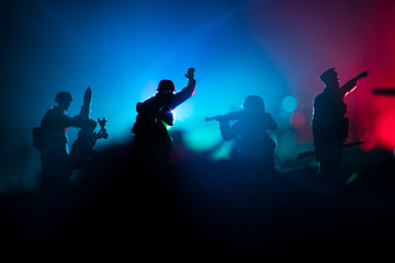 War Concept. Military silhouettes fighting scene on war fog sky background,