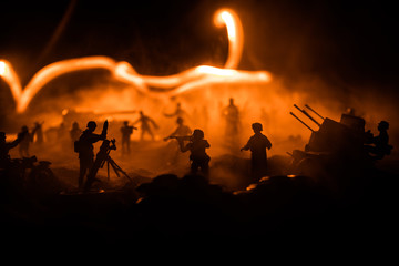 War Concept. Military silhouettes fighting scene on war fog sky background,