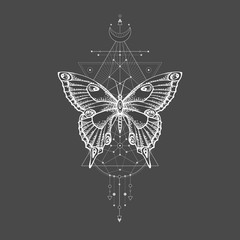 Vector illustration with hand drawn butterfly and Sacred geometric symbol on black background. Abstract mystic sign.