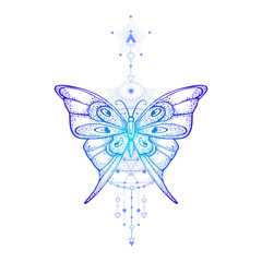 Vector illustration with hand drawn butterfly and Sacred geometric symbol on white background. Abstract mystic sign.