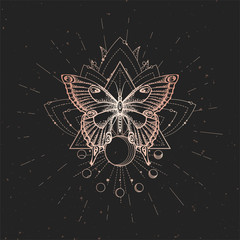 Vector illustration with hand drawn butterfly and Sacred geometric symbol on black vintage background. Abstract mystic sign.